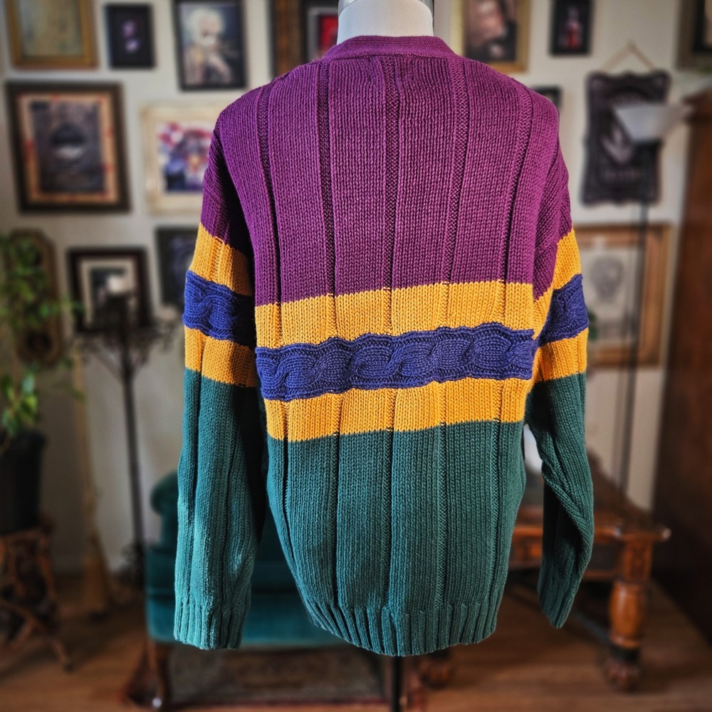 Body Equip Cardigan Vintage 90s Colorblock Knit Purple Green Gold Sweater Mens S - Picture 5 of 7